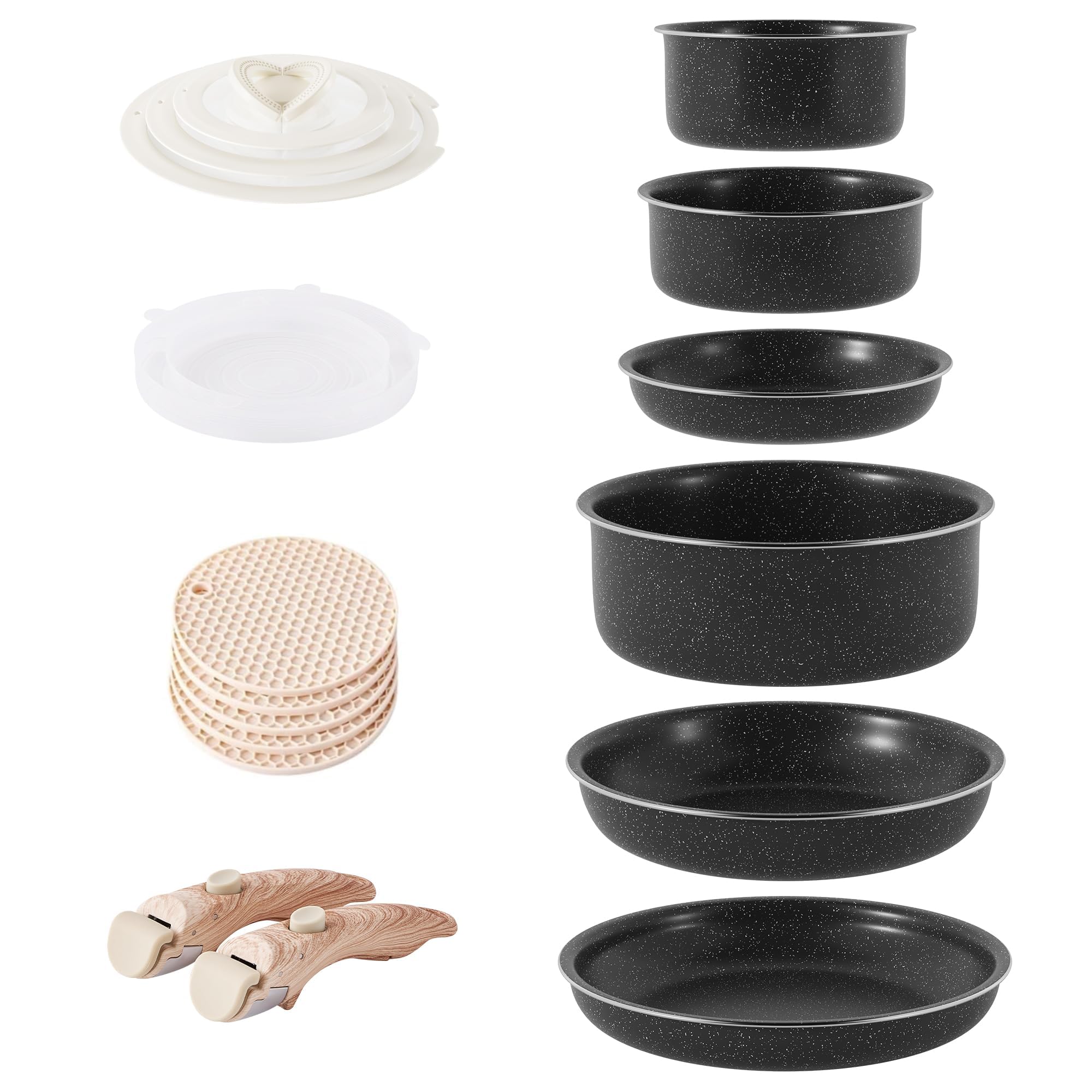 RIOVARM Induction Set of pots and pans with handles Detachable, Stackable Non-stick Granite Pans and pots with Lids, Space saving, Pan sets, PFOA-free, Frying pan
