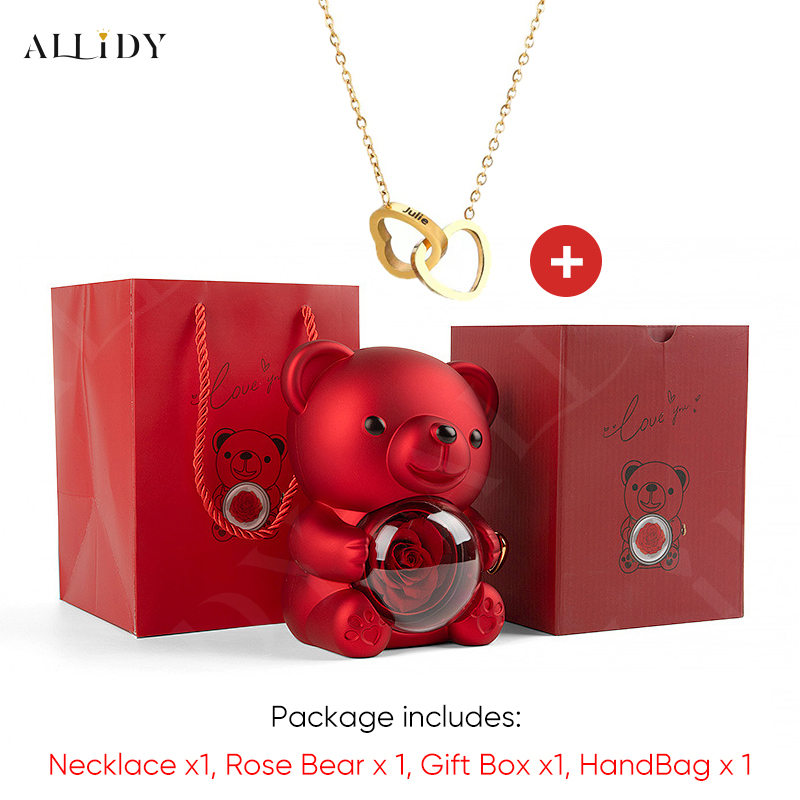 Real Preserved Rose Teddy Bear Custom Name Necklace Jewelry Set Gift Box Christmas Valentines Mothers Day Gifts for Women