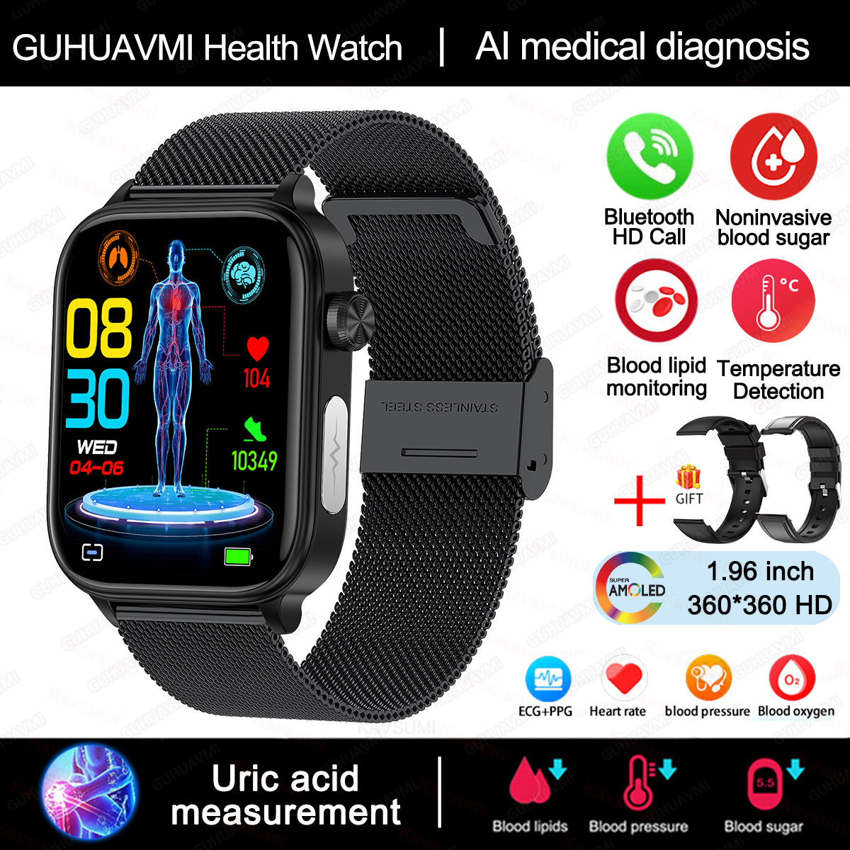 MOV Reloj inteligente para hombre y mujer, pulsera con control de glucosa en sangre, presión arterial, ECG, ácido úrico, llamada Bluetooth, grado médico, 2024