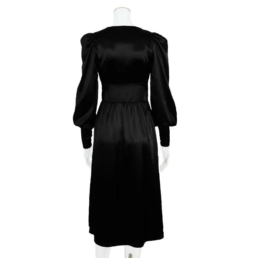 2024 Otoño/Invierno falda larga occidental para mujer con cuello en V manga acampanada botón satén Palacio cintura vestido Retro para mujer - details 38