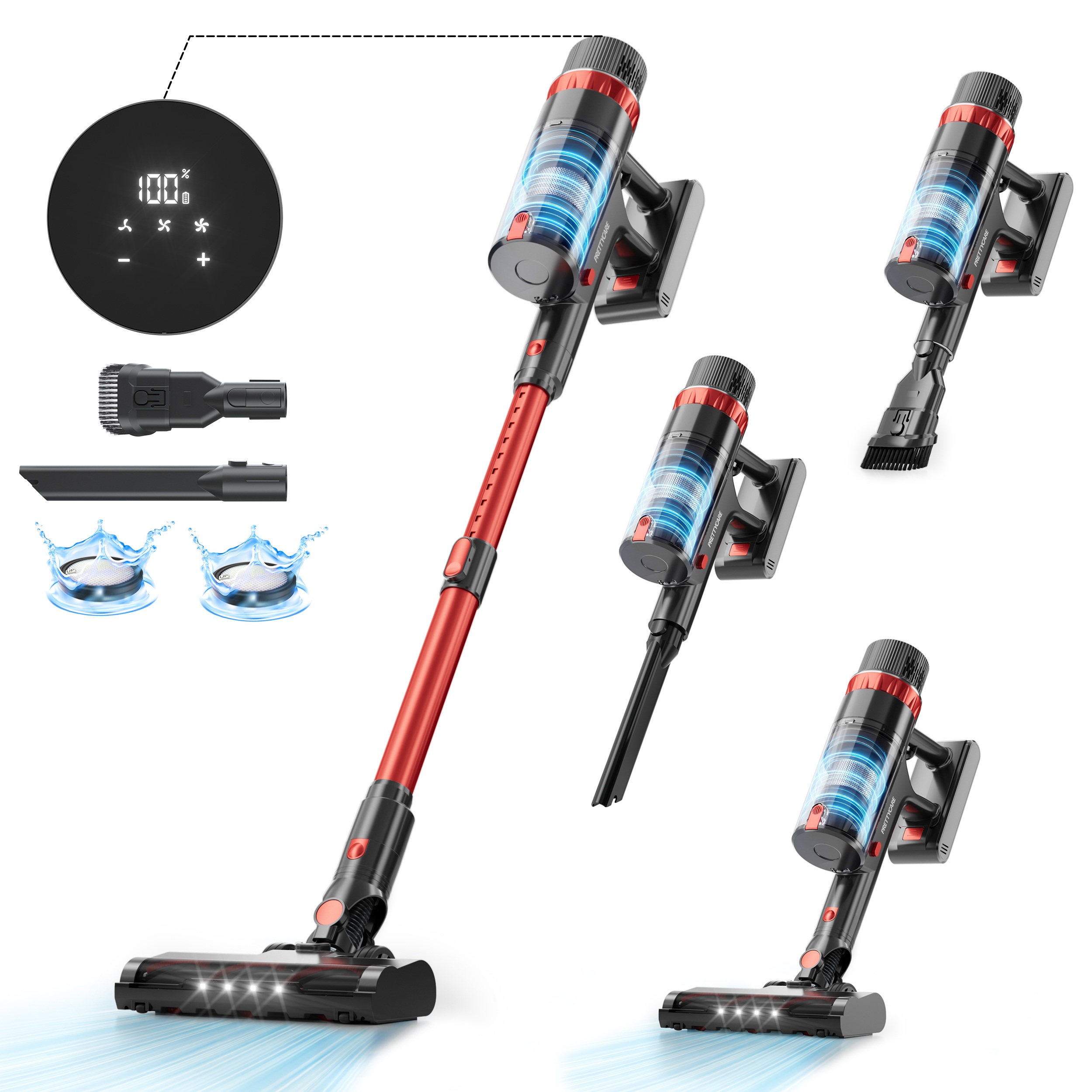 Aspiradora de mano PrettyCare V900 con batería extraíble, 530W, 52000PA de potencia de succión, aspiradora con pantalla táctil LED, aspiradora inalámbrica para el hogar, el coche y el pelo de mascotas.
