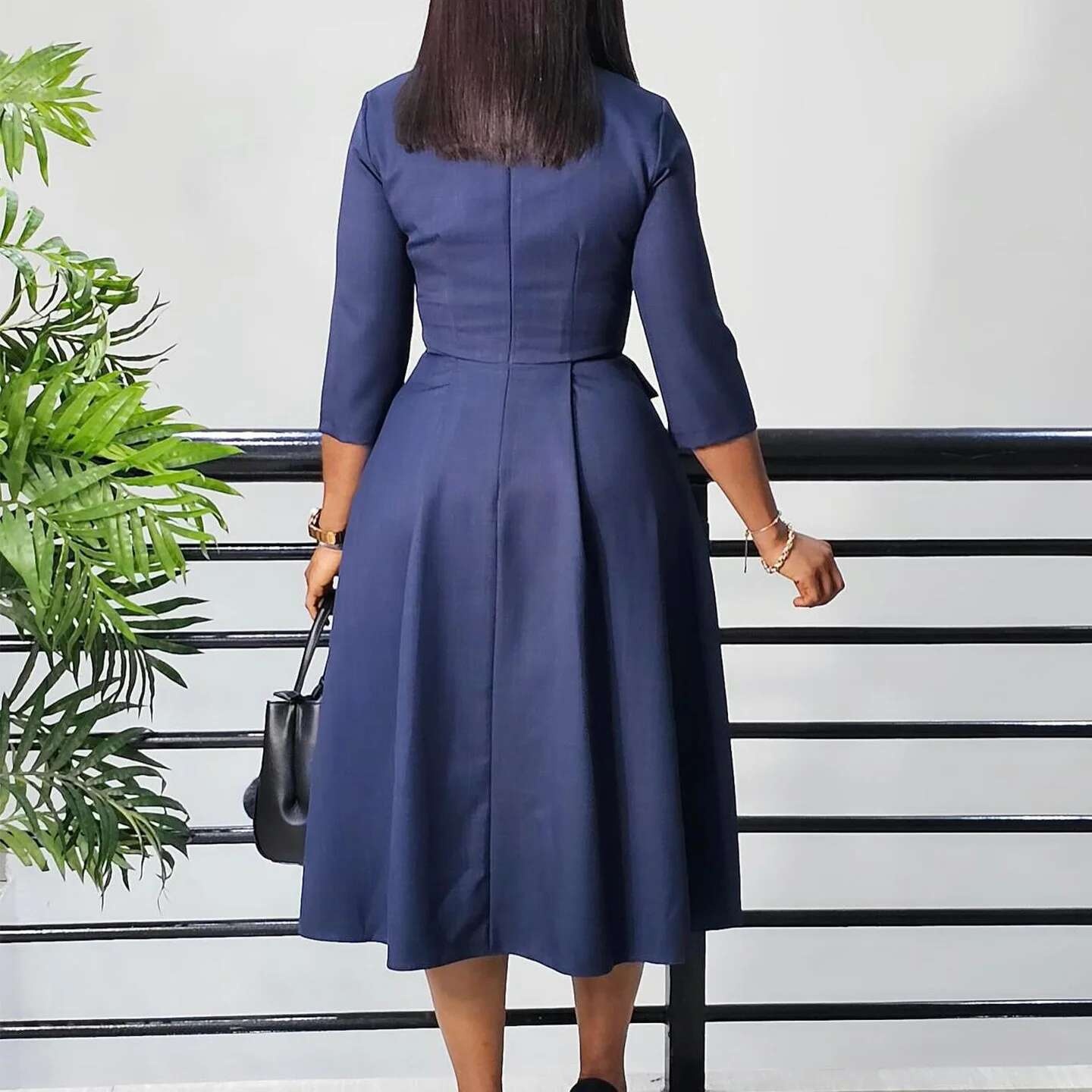 Vestido de talla grande para primavera y otoño, nuevo Color sólido a juego con cuello en V y mangas 3/4, vestido de estilo elegante ajustado para ir al trabajo a la moda - details 5