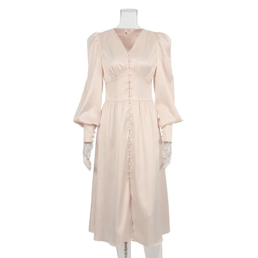 2024 Otoño/Invierno falda larga occidental para mujer con cuello en V manga acampanada botón satén Palacio cintura vestido Retro para mujer - details 40