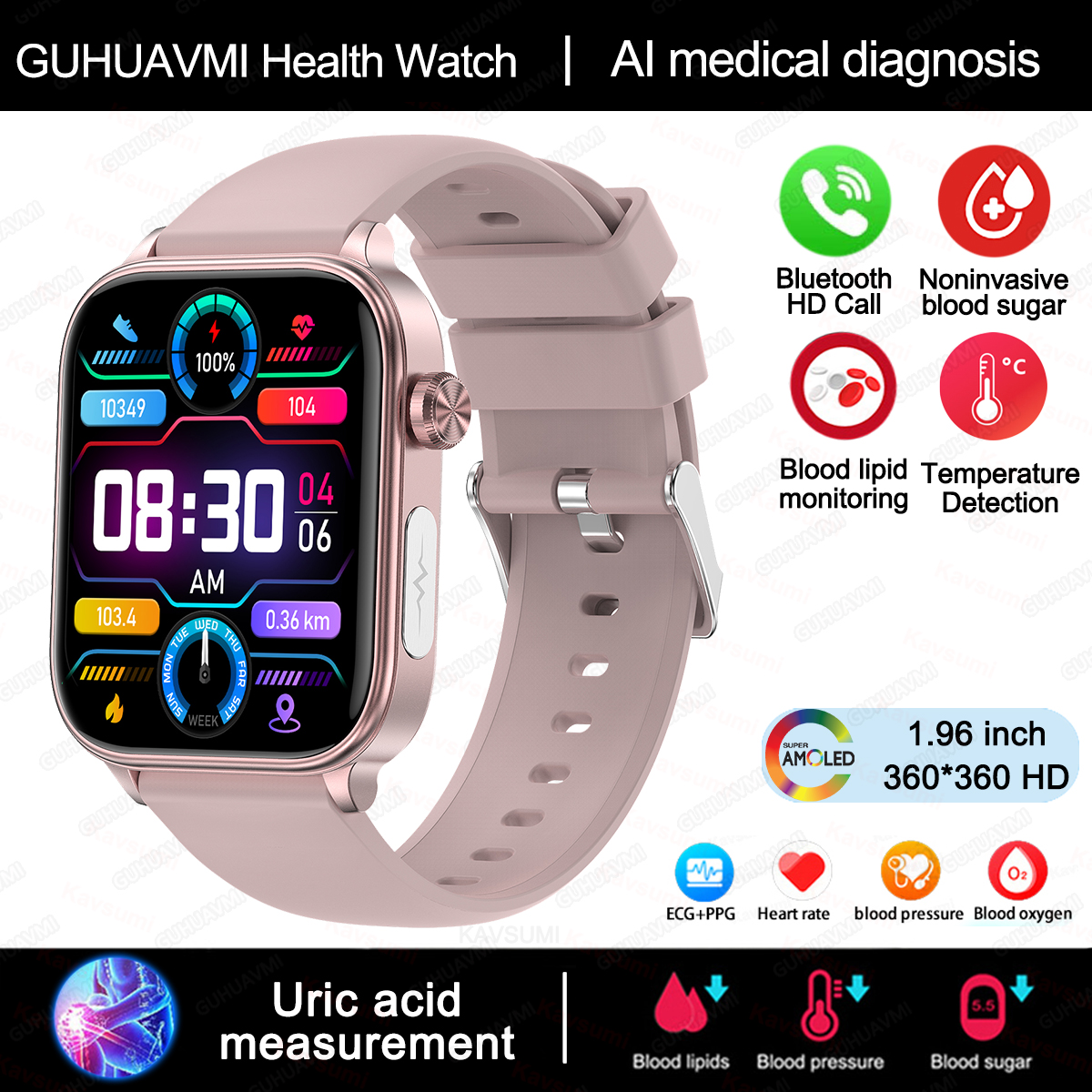 MOV Reloj inteligente para hombre y mujer, pulsera con control de glucosa en sangre, presión arterial, ECG, ácido úrico, llamada Bluetooth, grado médico, 2024