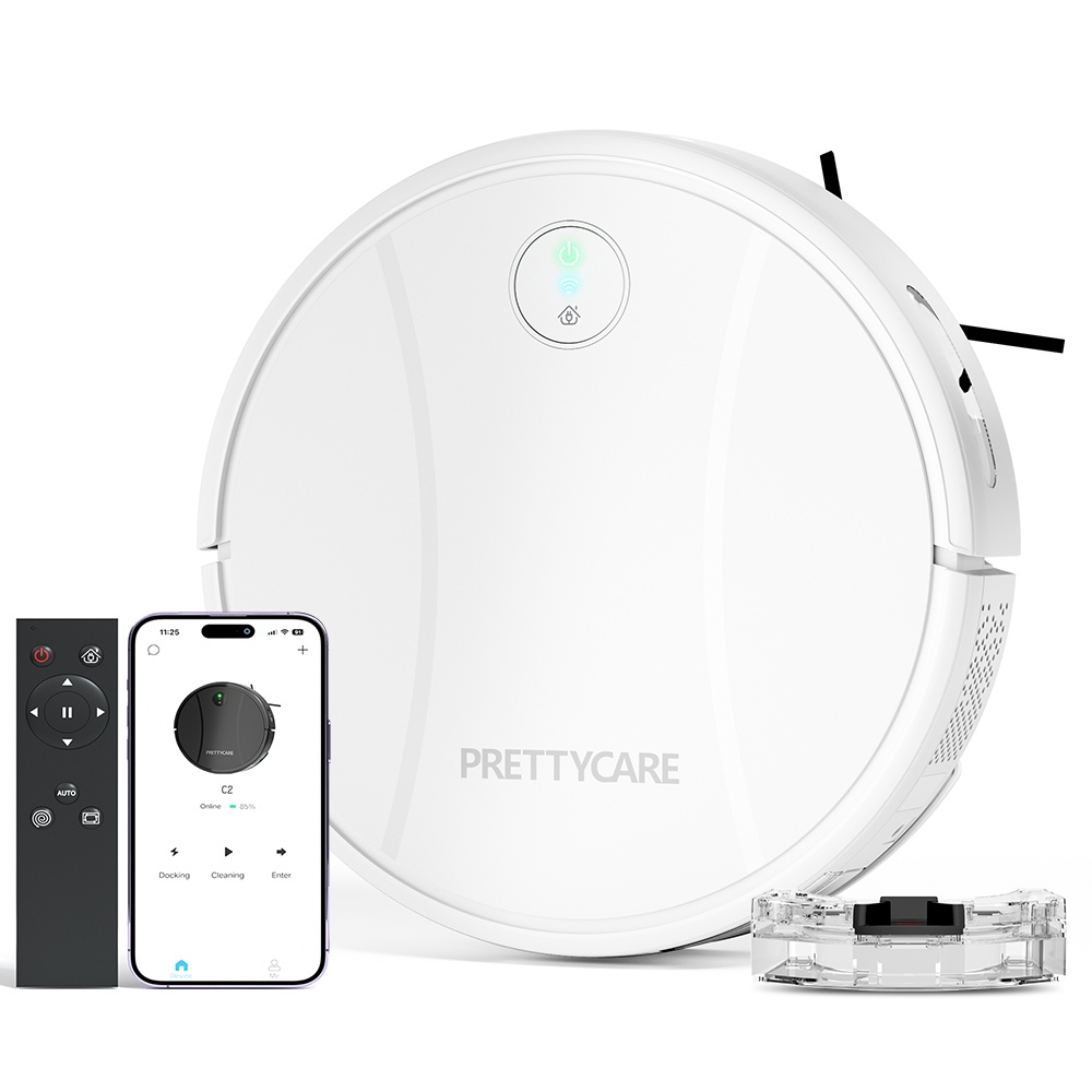 PrettyCare-Robot Aspirador C2, Fregona, Aspira y Barre al mismo tiempo, 4000Pa, Autonomía de 150 Minutos, aplicación/remoto/control