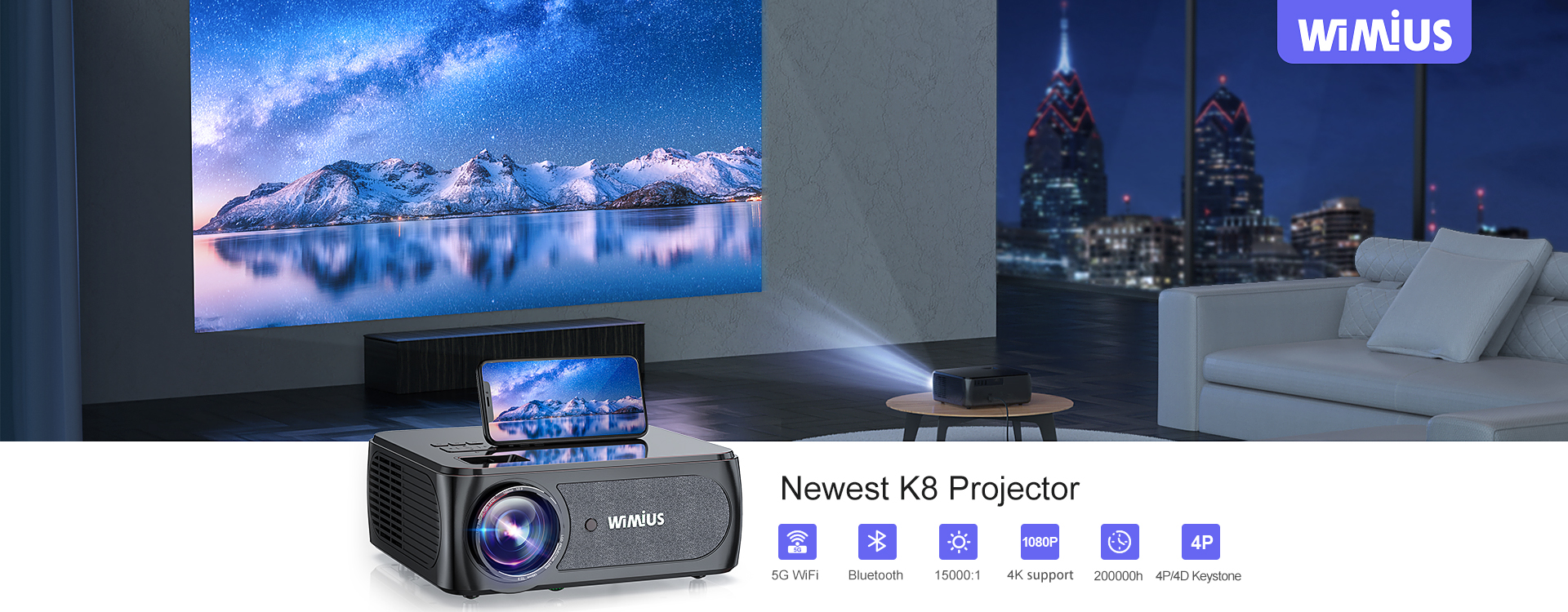 Proiettore WIMIUS K5 Mini proiettore portatile con WiFi Bluetooth nativo  1080P 4k videoproiettore Full HD per Home Theater - AliExpress