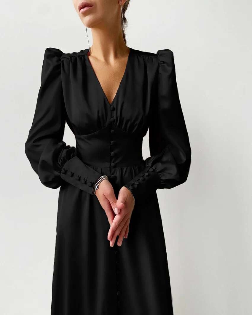 2024 Otoño/Invierno falda larga occidental para mujer con cuello en V manga acampanada botón satén Palacio cintura vestido Retro para mujer - details 19