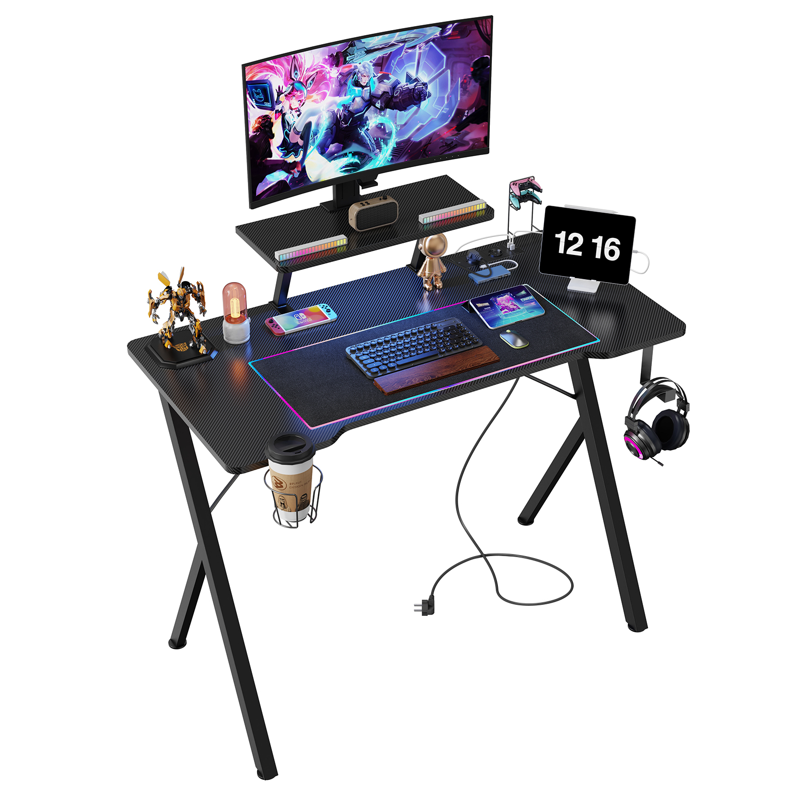 Rcynview Mesa de Juego con Soporte para Pantalla y Gancho para Bolsa Material de Fibra de Carbono Ergonómica para Niños y Adultos