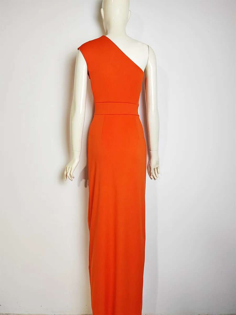 Vestido de Fiesta de Hombro Cautivador Color Sólido, Cuello Dobladillo, Vestido de Cuerpo Moldado con Abertura Moda para Mujeres - details 2