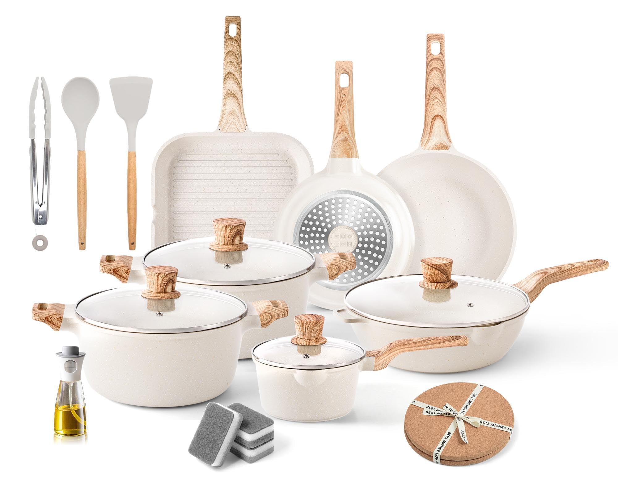 RIOVARM Inducción Juego de ollas y sartenes con Tapas Granito Antiadherente Batería de cocina con sartén grill Juego Esencial de Cocina Olla Sartén Espátulas