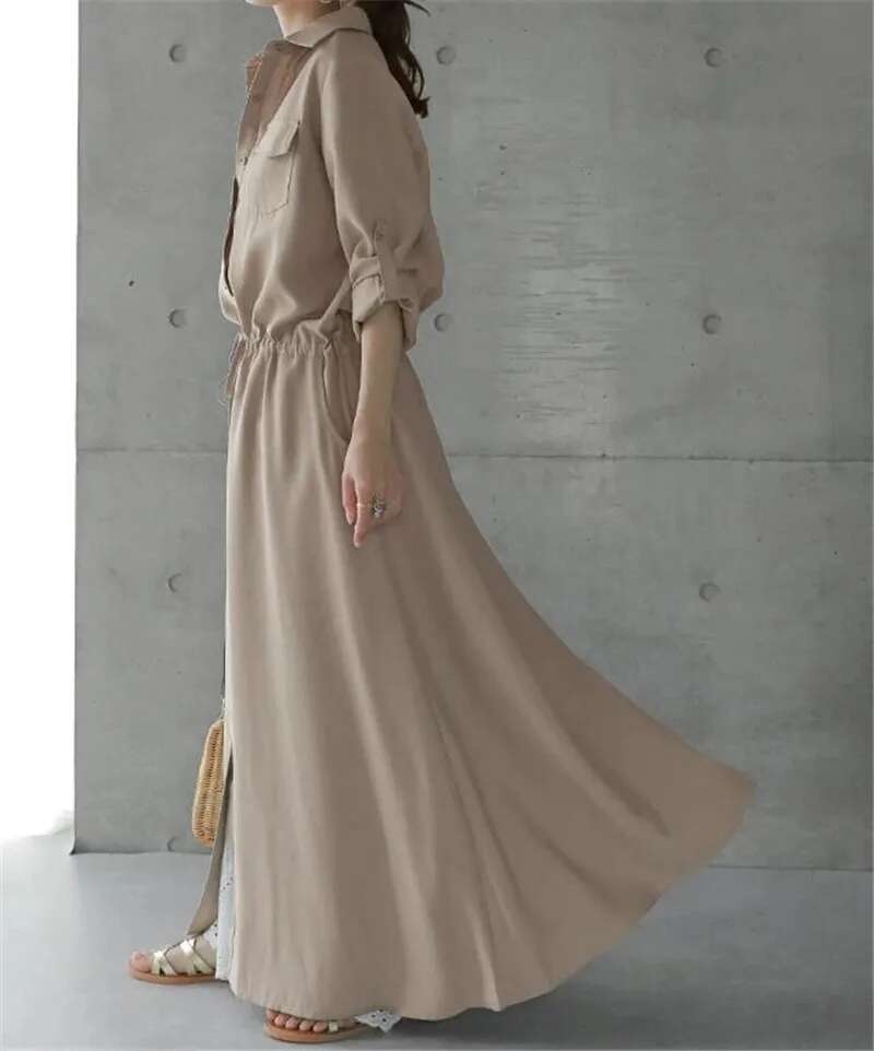 Camisas de Color liso, vestidos de mujer a la moda, informal, con solapa, manga larga, cordón, cintura elástica, ropa de viaje para mujer - details 1