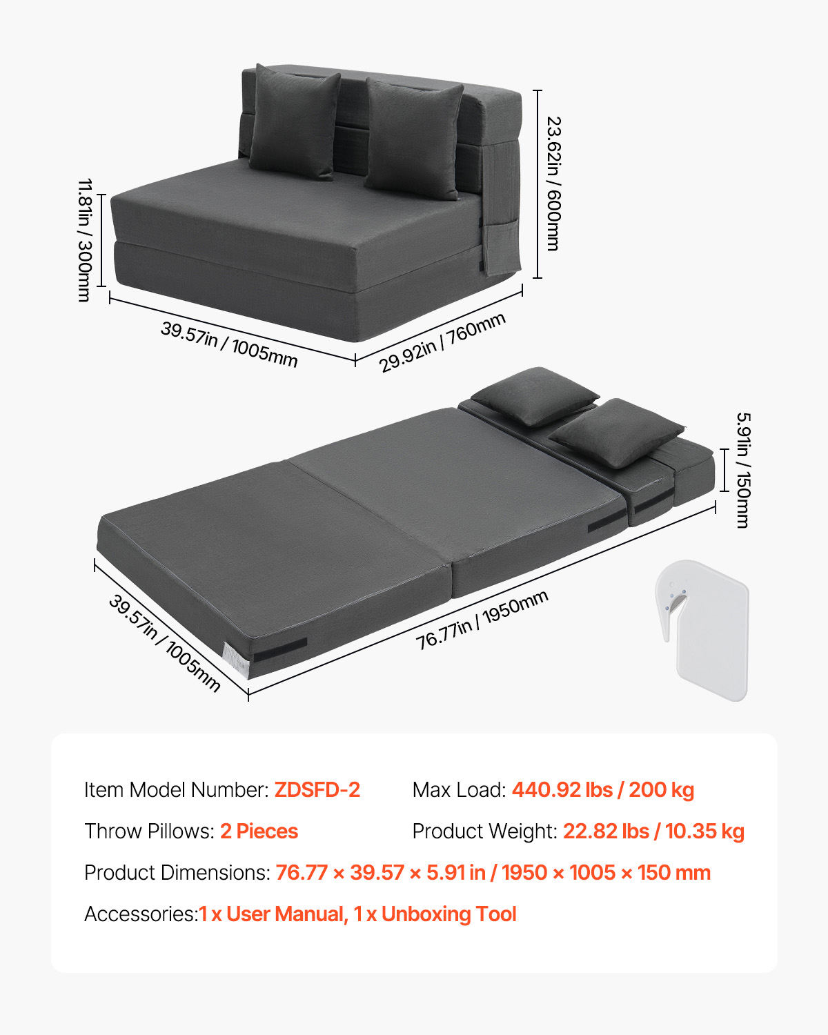 SucceBuy Sofá cama plegable, sofá cama convertible 3 en 1, espuma viscoelástica de alta densidad 25D, funda lavable, 2 almohadas, futón