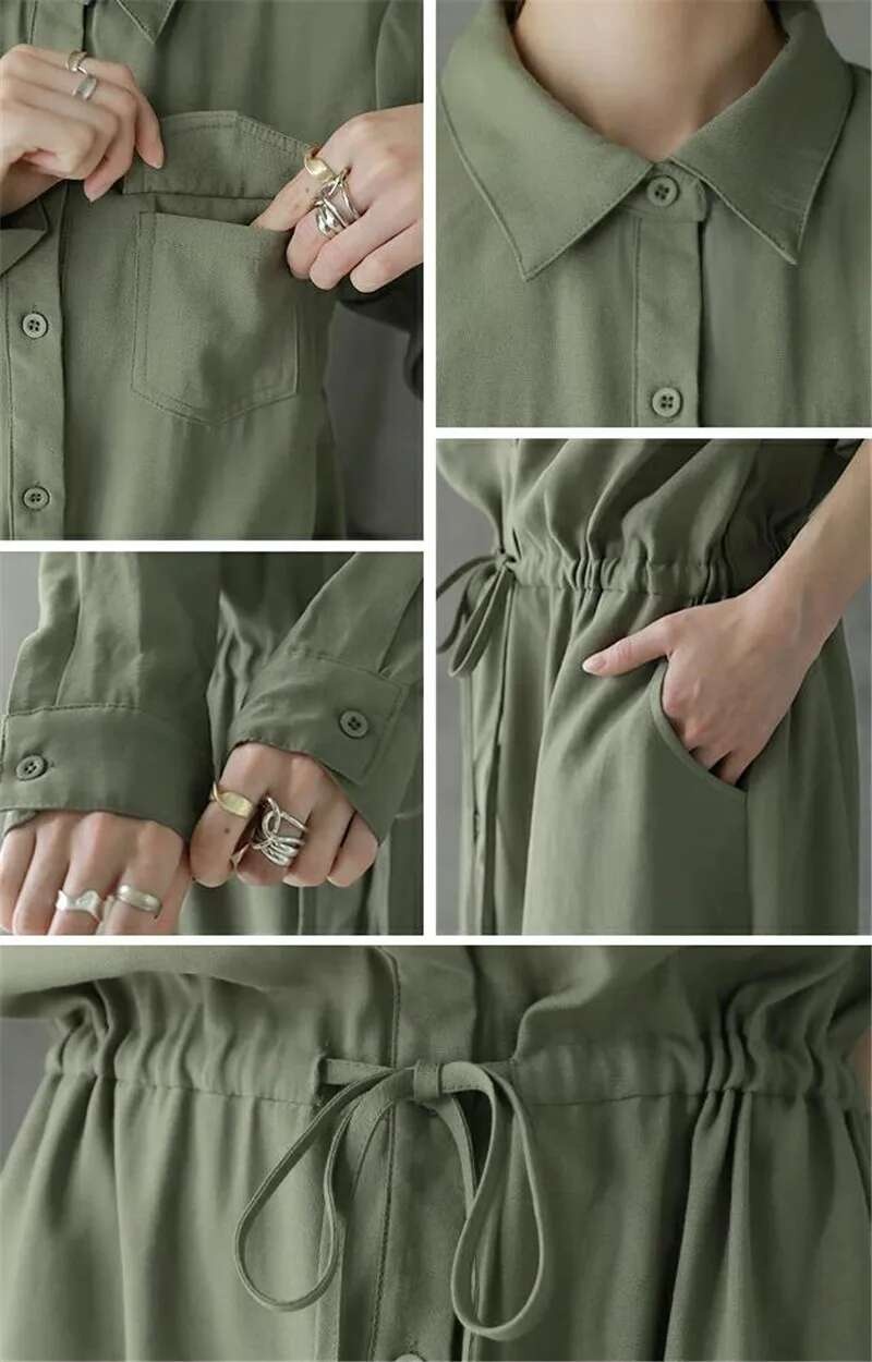 Camisas de Color liso, vestidos de mujer a la moda, informal, con solapa, manga larga, cordón, cintura elástica, ropa de viaje para mujer - details 10