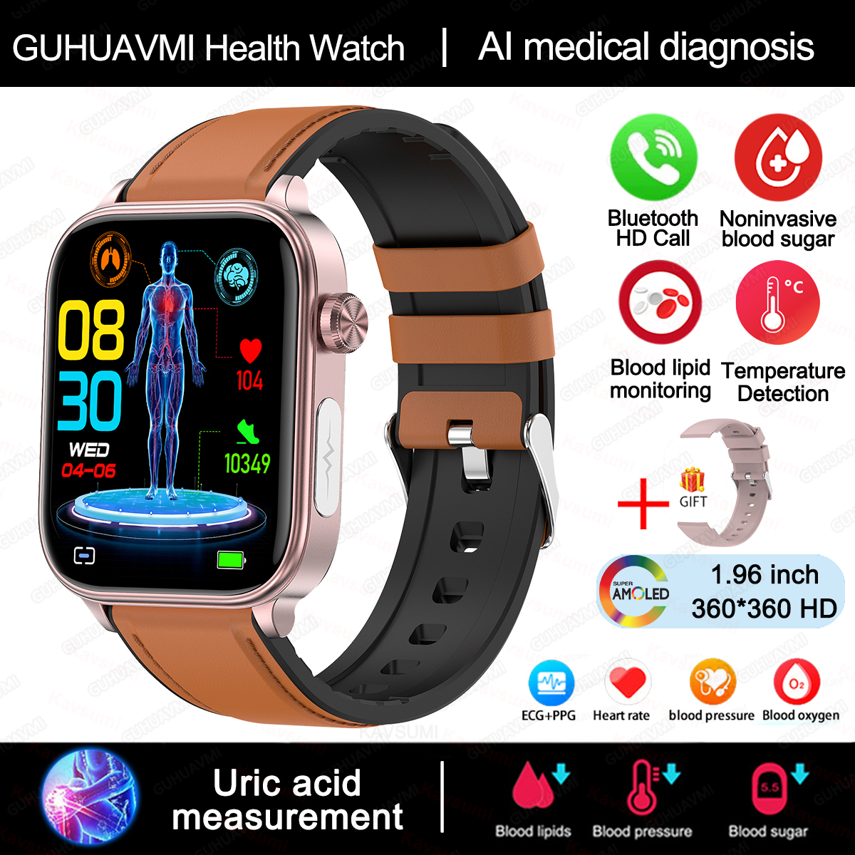 MOV Reloj inteligente para hombre y mujer, pulsera con control de glucosa en sangre, presión arterial, ECG, ácido úrico, llamada Bluetooth, grado médico, 2024