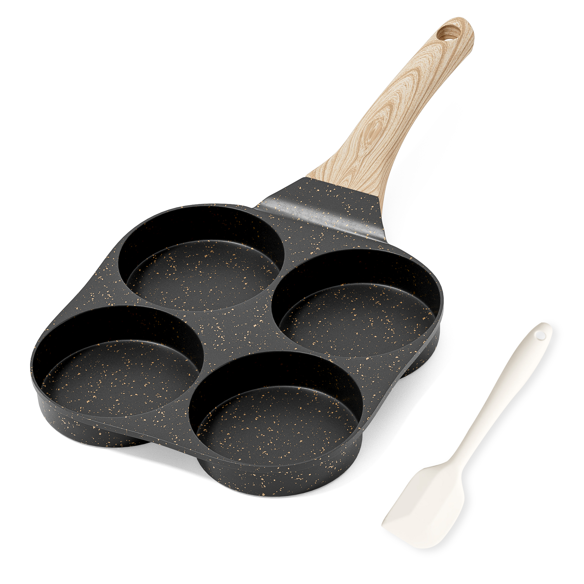RIOVARM Nonstick Pan Omelette Induction Egg Pan with Silicon Spatula Granite Small PFOA-Free Pan Round 4 Holes Breakfast Egg Poaching Pan Pancake Pan