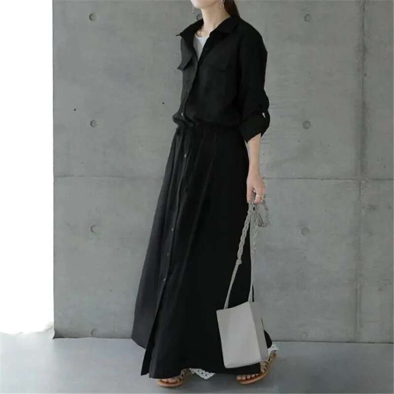 Camisas de Color liso, vestidos de mujer a la moda, informal, con solapa, manga larga, cordón, cintura elástica, ropa de viaje para mujer - details 4