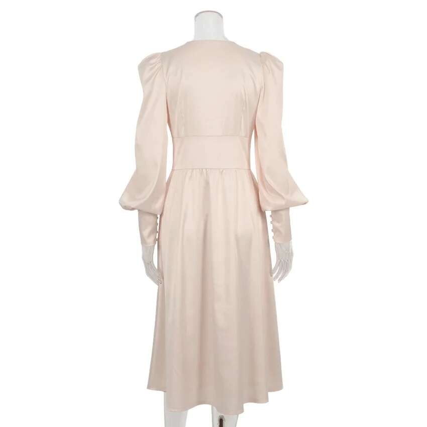 2024 Otoño/Invierno falda larga occidental para mujer con cuello en V manga acampanada botón satén Palacio cintura vestido Retro para mujer - details 41