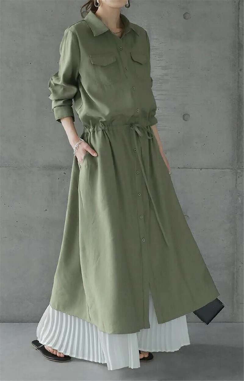 Camisas de Color liso, vestidos de mujer a la moda, informal, con solapa, manga larga, cordón, cintura elástica, ropa de viaje para mujer - details 9